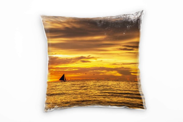 Paul Sinus Art Meer, Sonnenuntergang, Segelboot, orange, gelb Deko Kissen 40x40cm für Couch Sofa Lounge Zierkissen