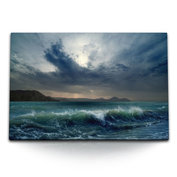 120x80cm Wandbild auf Leinwand Gewitterwolken Ozean Meer Wellen Sturm Grau