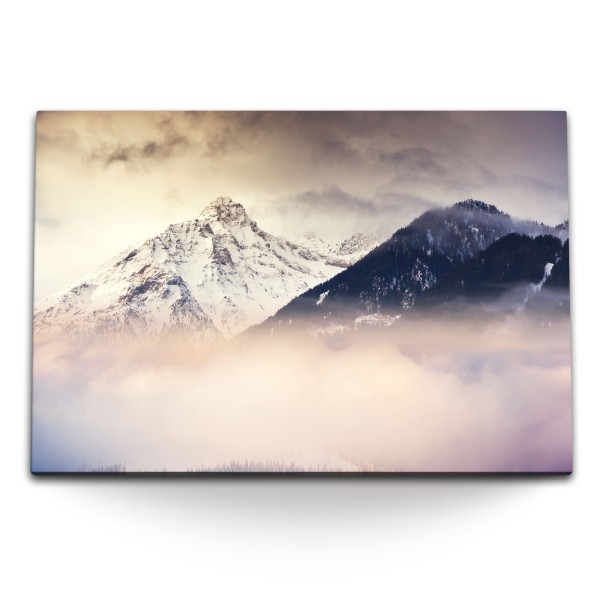 120x80cm Wandbild auf Leinwand Berge Nebel Natur Schnee Alpen Wolken