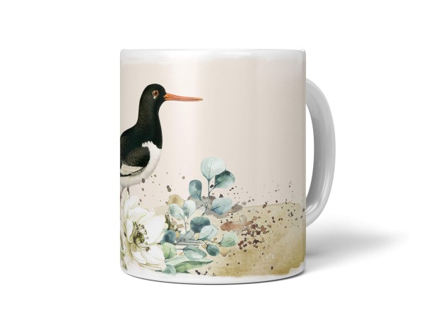 Paul Sinus Art Dekorative Tasse mit schönem Vogel Motiv Austernfischer Blumen Blüten Kunstvoll Wasserfarben