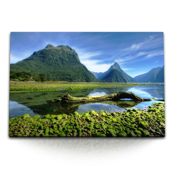 Paul Sinus Art 120x80cm Wandbild auf Leinwand Milford Sound Neuseeland Landschaft Fluss Berge