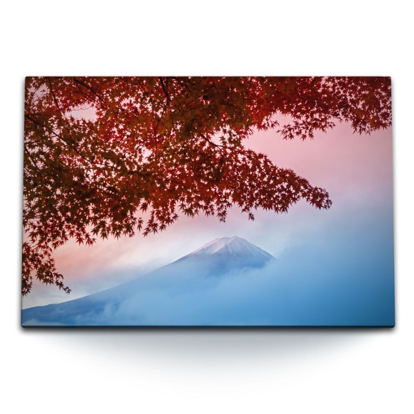 Paul Sinus Art 120x80cm Wandbild auf Leinwand Herbst Herbstblätter Japan Fuji Berg Natur Rot Blau