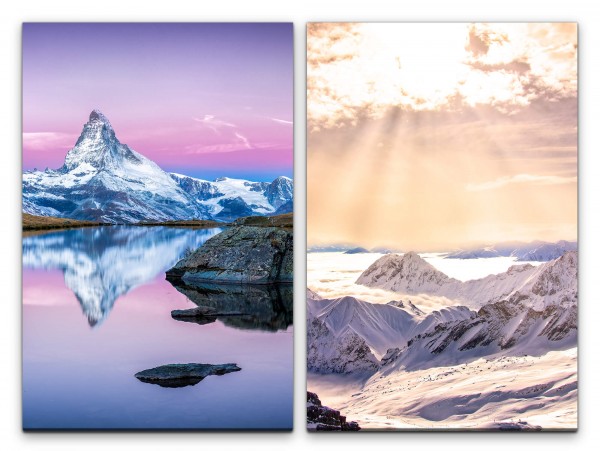 Paul Sinus Art 2 Bilder je 60x90cm Matterhorn Schneegipfel Schnee See Sonnenstrahlen Himmlisch Friedsam