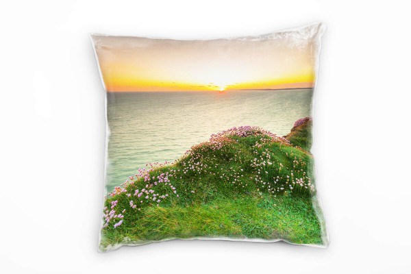 Paul Sinus Art Landschaft, Wasser, Blumen, Sonnenaufgang, orange Deko Kissen 40x40cm für Couch Sofa Lounge Zierkiss