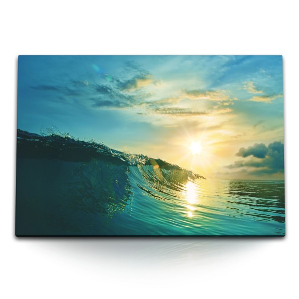 Paul Sinus Art 120x80cm Wandbild auf Leinwand Meer Welle Sonnenuntergang Natur Himmel Sonne