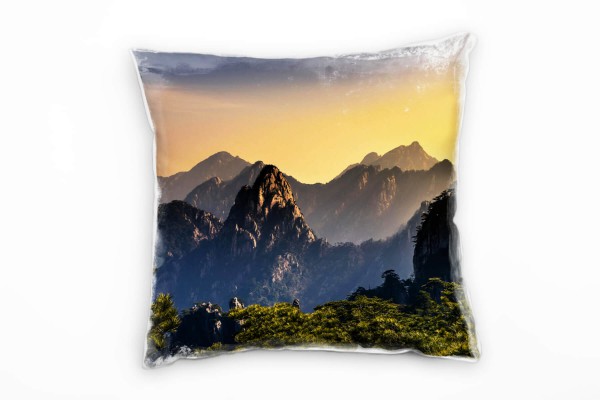 Paul Sinus Art Landschaft, Berge, Sonnenuntergang, China, orange Deko Kissen 40x40cm für Couch Sofa Lounge Zierkiss