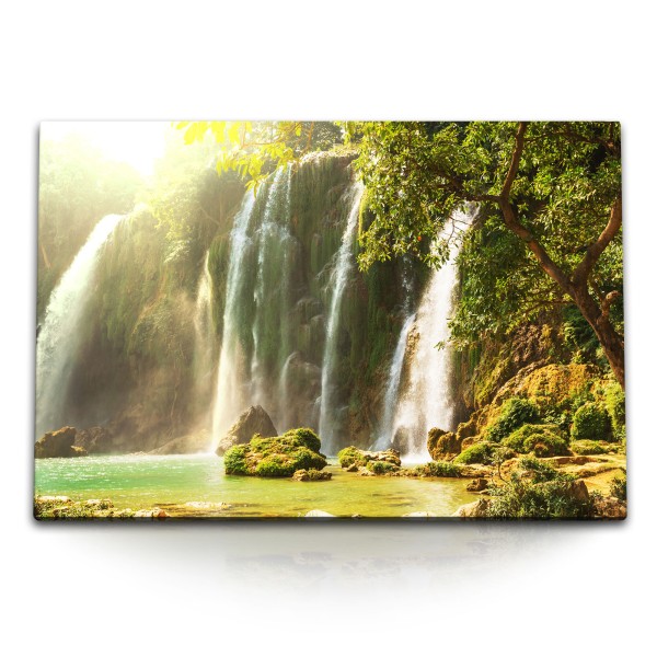 Paul Sinus Art 120x80cm Wandbild auf Leinwand Vietnam Wasserfälle Natur Tropisch Grün Sonnenschein