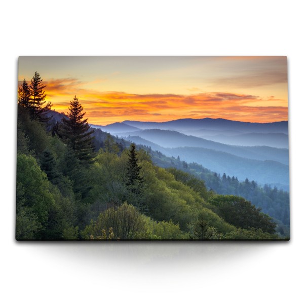 Paul Sinus Art 120x80cm Wandbild auf Leinwand Natur Berge roter Himmel Abendröte Bäume