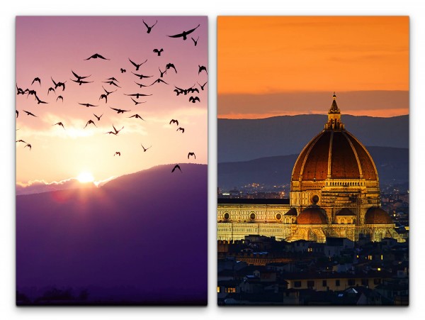 Paul Sinus Art 2 Bilder je 60x90cm Florenz Kathedrale Italien Vögel Berge Abendröte Sonnenuntergang