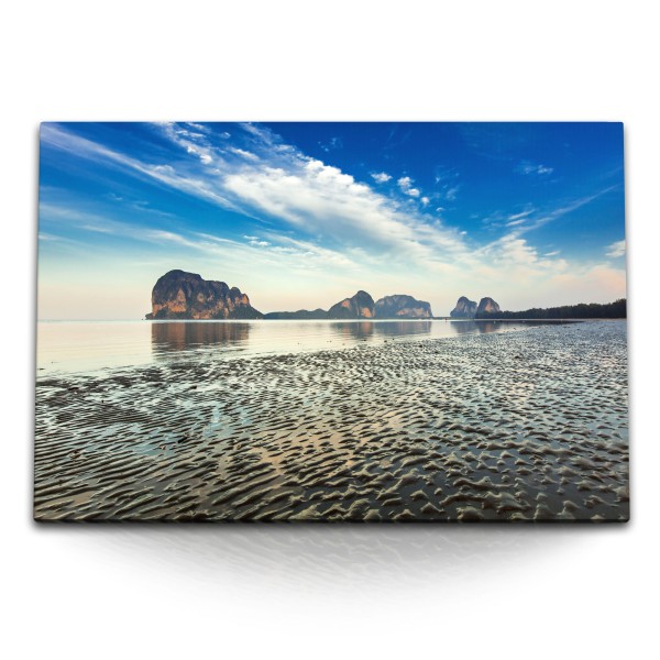 120x80cm Wandbild auf Leinwand Meer Ebbe Sonnenuntergang Inseln Felsen Strand