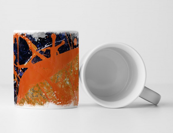 Paul Sinus Art Tasse Geschenk orange – mitternachtsblaue Abstraktion + weiße Farbspritzer