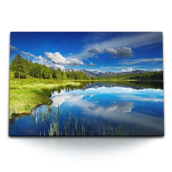 Paul Sinus Art 120x80cm Wandbild auf Leinwand Naturbild Landschaft See Blau Berge blauer Himmel