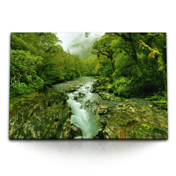 Paul Sinus Art 120x80cm Wandbild auf Leinwand Bach im Dschungel Bäume Grün Tropisch Fluss