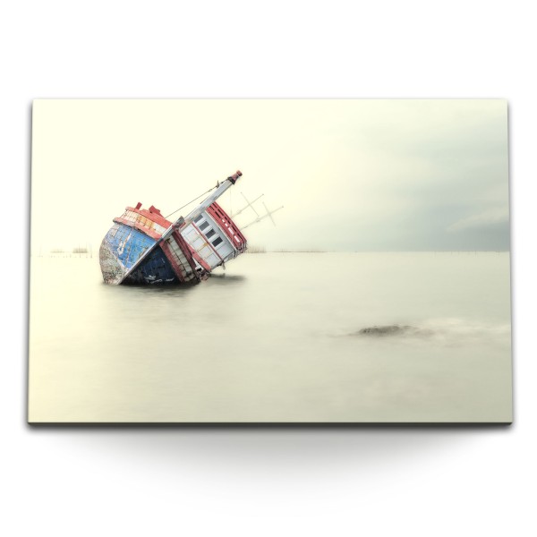 Paul Sinus Art 120x80cm Wandbild auf Leinwand Schiffsfrack Ozean Meer Ebbe Horizont Hell