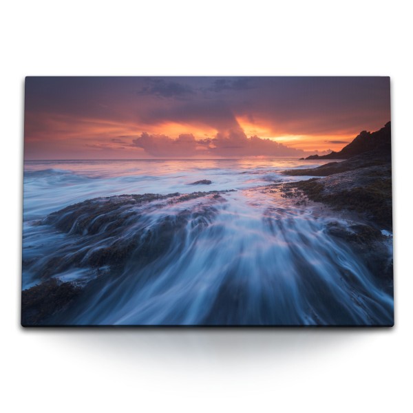 Paul Sinus Art 120x80cm Wandbild auf Leinwand Meer Abenddämmerung Abendrot roter Horizont Felsen