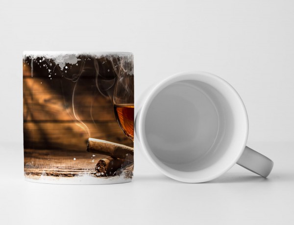 Paul Sinus Art Tasse Geschenk Fotografie – Whiskey und rauchende Zigarre auf einem Holztisch