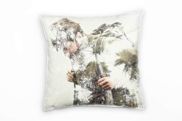 Paul Sinus Art Natur, Abstrakt, Wald, Backpacker, beige, grün Deko Kissen 40x40cm für Couch Sofa Lounge Zierkissen