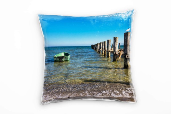 Paul Sinus Art Strand und Meer, braun, blau, Ostseestrand, Boot Deko Kissen 40x40cm für Couch Sofa Lounge Zierkisse