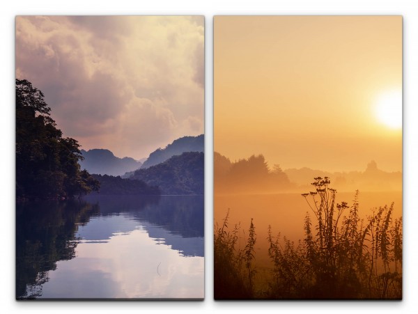 Paul Sinus Art 2 Bilder je 60x90cm Bergsee Berge Bäume Morgentau Sonnenaufgang Wolken Natur