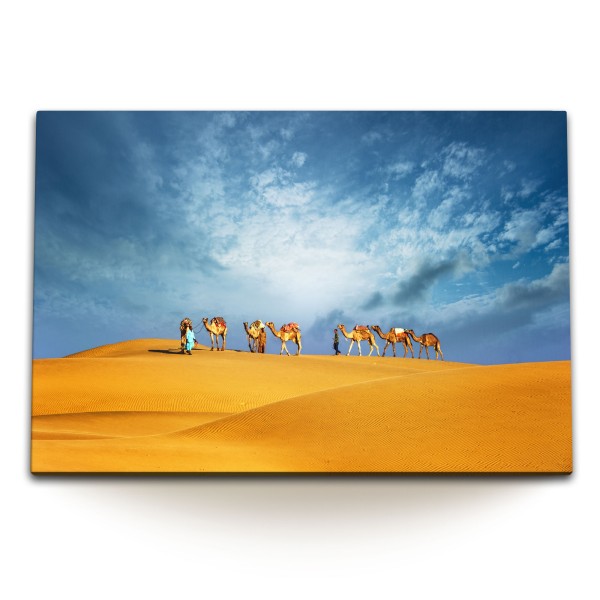 120x80cm Wandbild auf Leinwand Wüste Kamelle roter Sand blauer Himmel Sahara