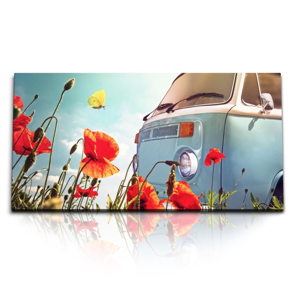 Paul Sinus Art Kunstdruck Bilder 120x60cm Sommer Minibus Sonnenschein Blumen Schmetterlinge