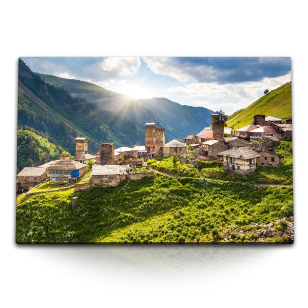 Paul Sinus Art 120x80cm Wandbild auf Leinwand Georgien Bergdorf Berge Natur Steinhäuser Sonnenuntergang