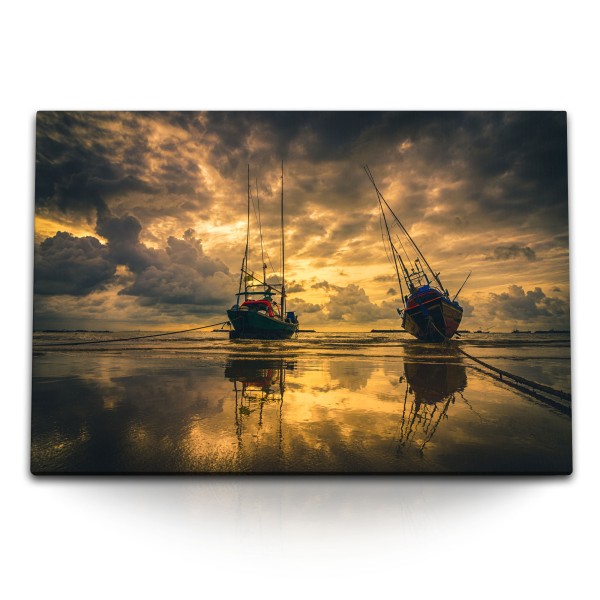 Paul Sinus Art 120x80cm Wandbild auf Leinwand Ebbe Boote Fischerboot Abenddämmerung Wolken