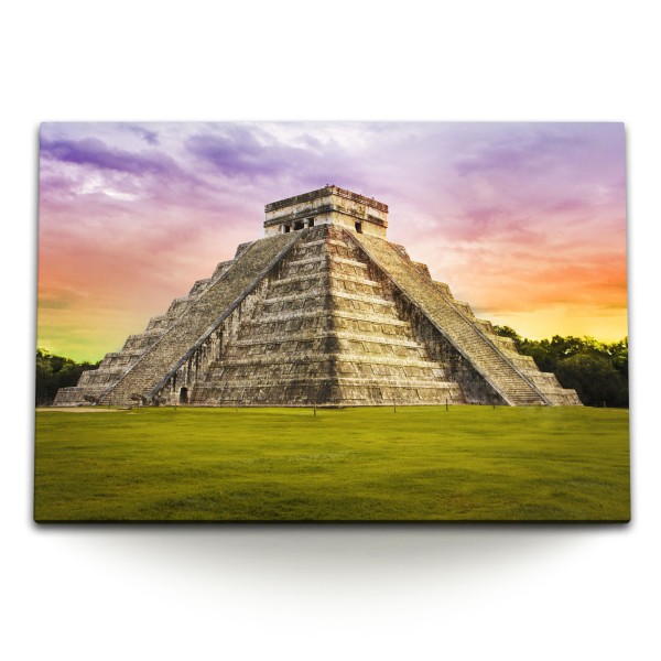 Paul Sinus Art 120x80cm Wandbild auf Leinwand Pyramide Kukulcan Mexiko Antike Mayas Sonnenuntergang