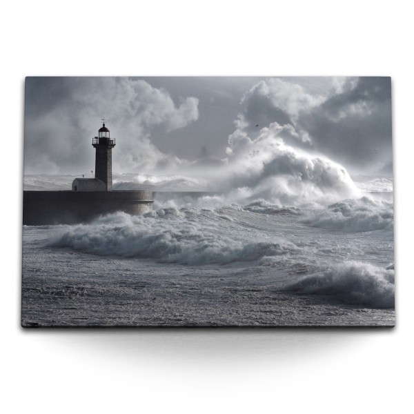 Paul Sinus Art 120x80cm Wandbild auf Leinwand Küste Leuchtturm Seesturm Riesenwellen Grau