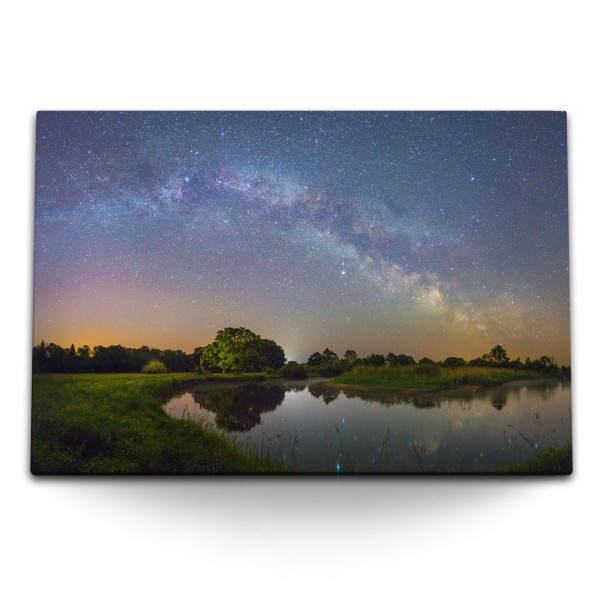 Paul Sinus Art 120x80cm Wandbild auf Leinwand Sternenhimmel Milchstraße Sterne Nacht See Natur