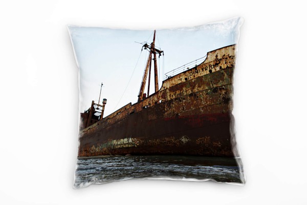 Paul Sinus Art Meer, verrostetes gestrandetes Schiff, braun, blau Deko Kissen 40x40cm für Couch Sofa Lounge Zierkis