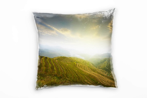 Paul Sinus Art Landschaft, grün, blau, Berge, Felder Deko Kissen 40x40cm für Couch Sofa Lounge Zierkissen