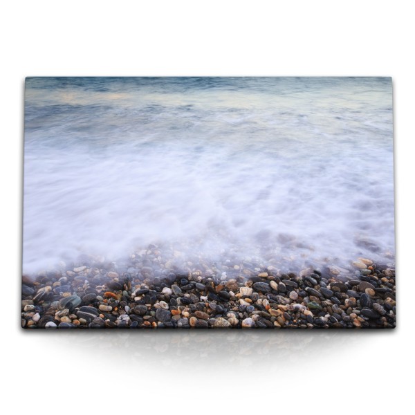 Paul Sinus Art 120x80cm Wandbild auf Leinwand Strand runde Steine Wellen Meer Ozean