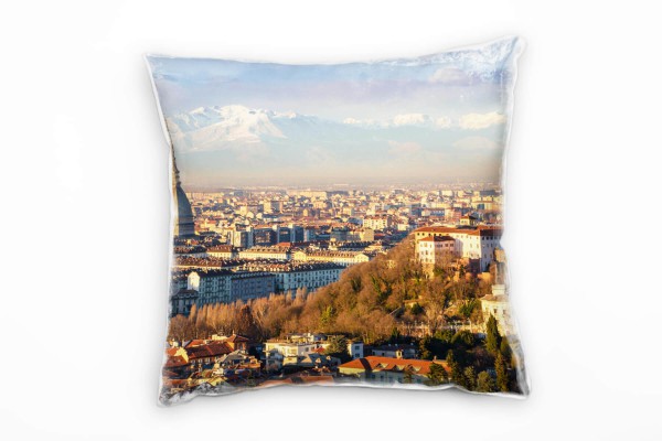 Paul Sinus Art City, Turin, Alpen, Sonnenschein, braun, blau Deko Kissen 40x40cm für Couch Sofa Lounge Zierkissen