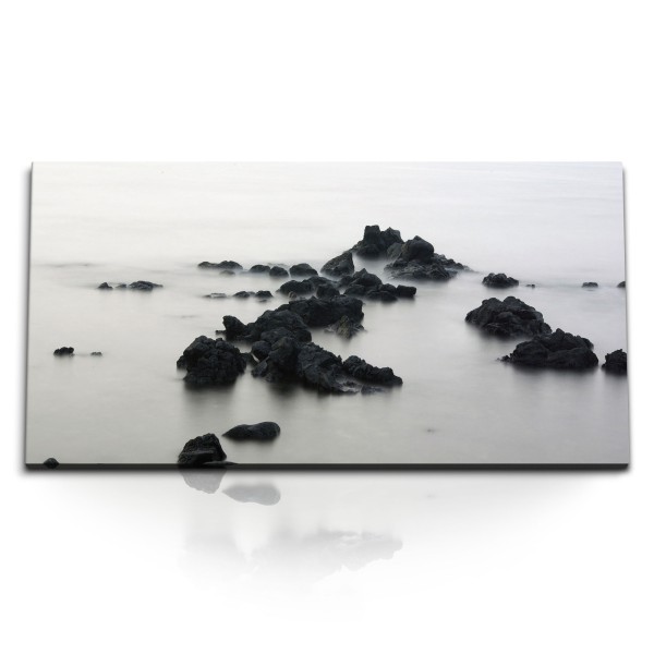 Paul Sinus Art Kunstdruck Bilder 120x60cm Felsen Strand Meer Nebel Schwarz Weiß Fotokunst