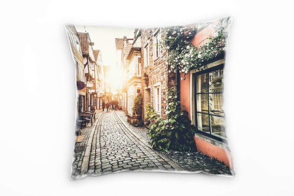 Paul Sinus Art City, kleine alte Gasse, Sonne, grau, braun, grün Deko Kissen 40x40cm für Couch Sofa Lounge Zierkiss