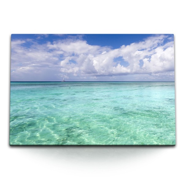 Paul Sinus Art 120x80cm Wandbild auf Leinwand Meer Türkis Horizont weiße Wolken Segelboot