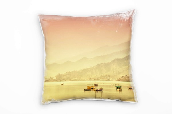 Paul Sinus Art Seen, Berge, Wasser, Boote, orange, pink Deko Kissen 40x40cm für Couch Sofa Lounge Zierkissen