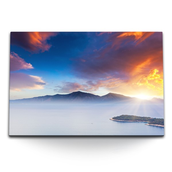 Paul Sinus Art 120x80cm Wandbild auf Leinwand Abendrot Berge Meer Insel Sonnenuntergang