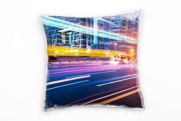 Paul Sinus Art City, befahrene Straße, Lichtlinien, Hochhäuser, bunt Deko Kissen 40x40cm für Couch Sofa Lounge Zier