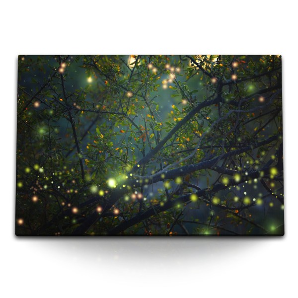 Paul Sinus Art 120x80cm Wandbild auf Leinwand Glühwürmchen im Wald Baum Baumkrone Nacht