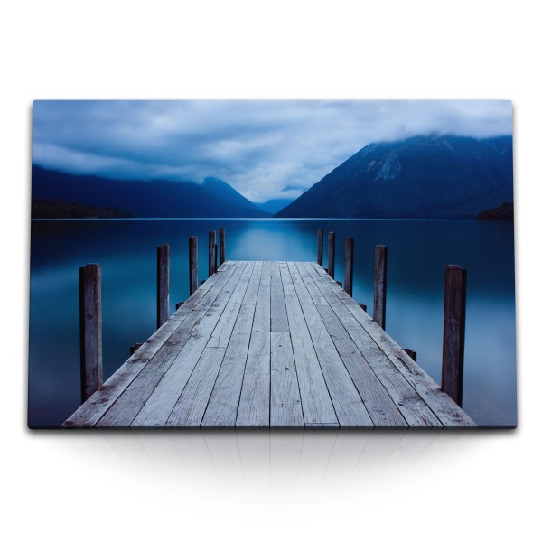 Paul Sinus Art 120x80cm Wandbild auf Leinwand Holzsteg Steg Alpensee See Berge Blau