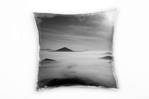 Paul Sinus Art Landschaft, grau, Berge, Nebel, Sonne Deko Kissen 40x40cm für Couch Sofa Lounge Zierkissen