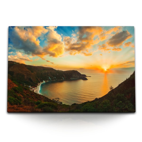 Paul Sinus Art 120x80cm Wandbild auf Leinwand Paralia Petani Strand Griechenland Sonnenuntergang Abendrot