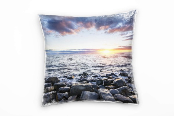 Paul Sinus Art Strand und Meer, Felsen, Sonnenaufgang, grau Deko Kissen 40x40cm für Couch Sofa Lounge Zierkissen