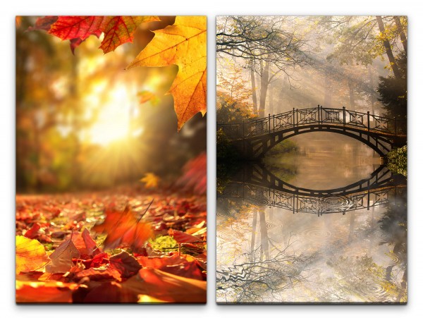 Paul Sinus Art 2 Bilder je 60x90cm Herbst goldene Blätter Laub Holzbrücke Fluß Märchenhaft Lichtstrahlen