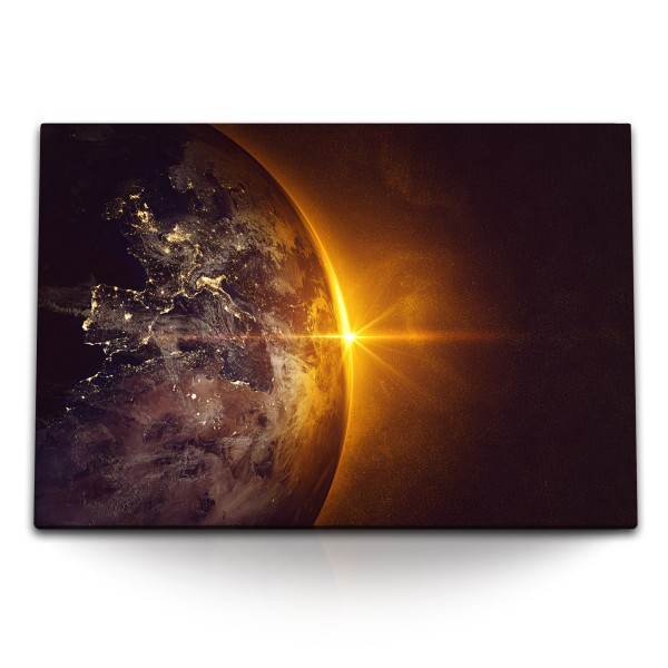 Paul Sinus Art 120x80cm Wandbild auf Leinwand Planet Erde Sonnenuntergang Globus Weltall