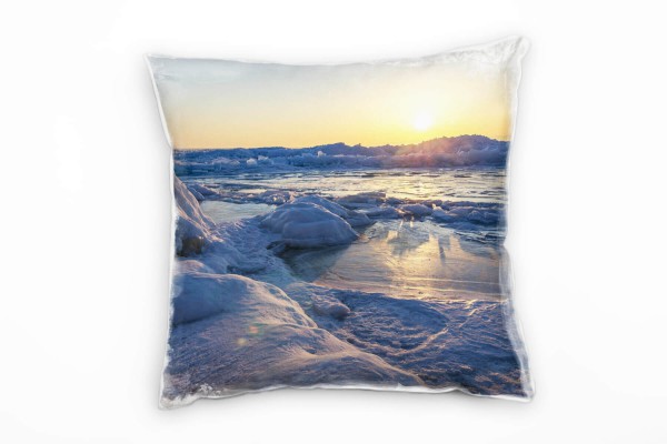 Paul Sinus Art Winter, See, zugefroren, Schnee, Eis, blau, gelb Deko Kissen 40x40cm für Couch Sofa Lounge Zierkisse