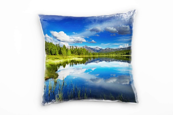 Paul Sinus Art Seen, blau, grün, Sommer, Wald, Spiegelung Deko Kissen 40x40cm für Couch Sofa Lounge Zierkissen