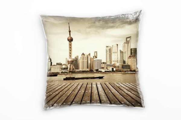 Paul Sinus Art Urban und City, braun, grau, Shanghai, China Deko Kissen 40x40cm für Couch Sofa Lounge Zierkissen